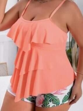 B2Prity Brand Women's 2XL Ruffle Coral Tropical Tankini Swimsuit Boy Short NWOT
